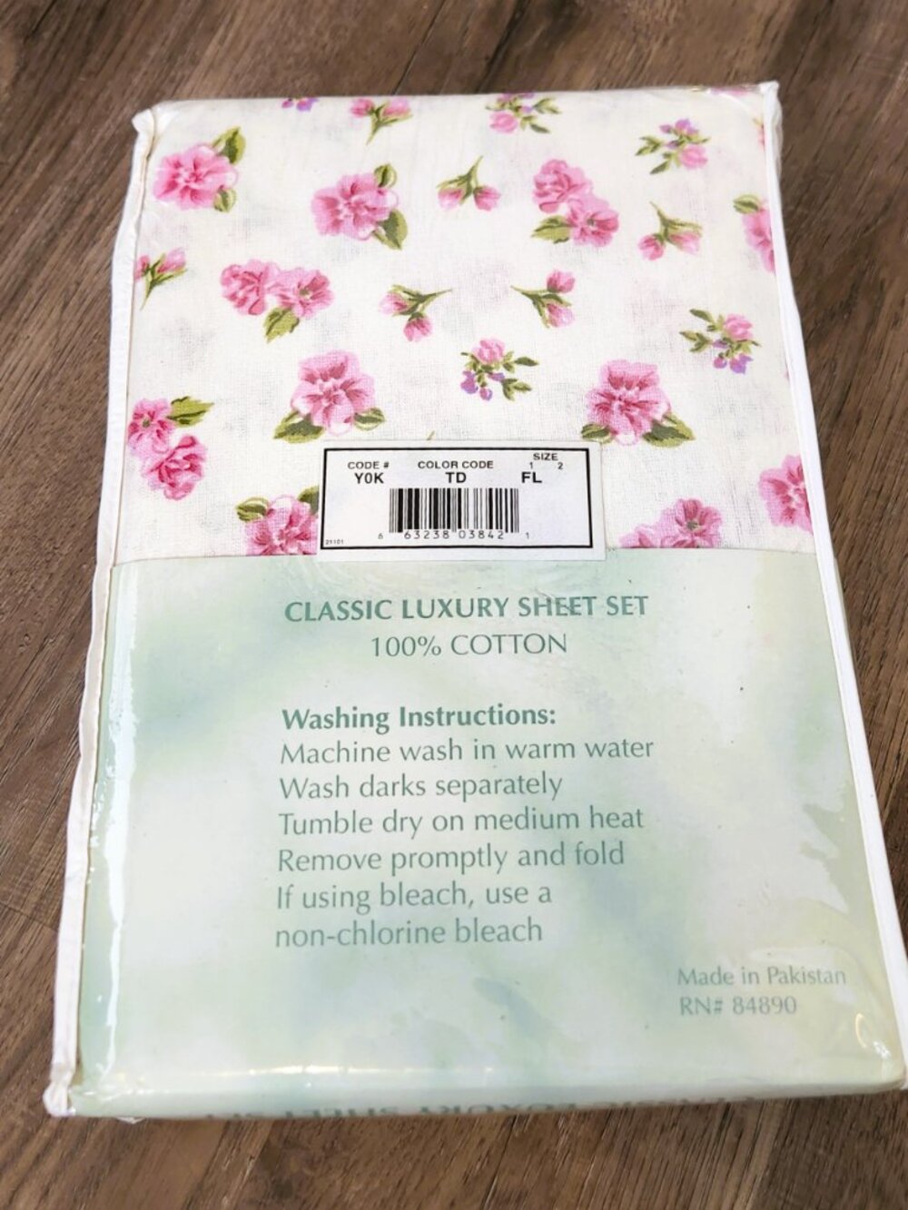 Vintage Haband Full Sheet Set 100% Cotton Pink Rose Floral NOS New Old Stock - Picture 4 of 5